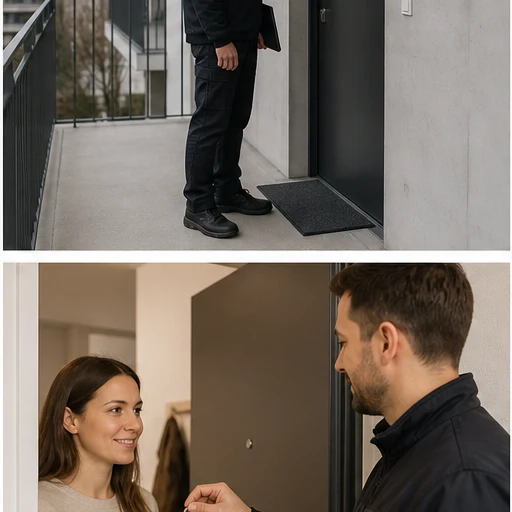 Bewohnerin und Fachperson besprechen eine schwergängige Wohnungstür